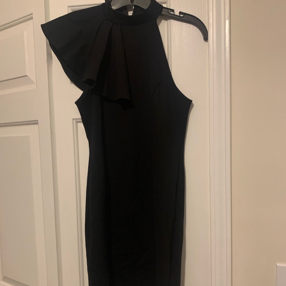 Black Fashion Nova midi dress with ruffled side